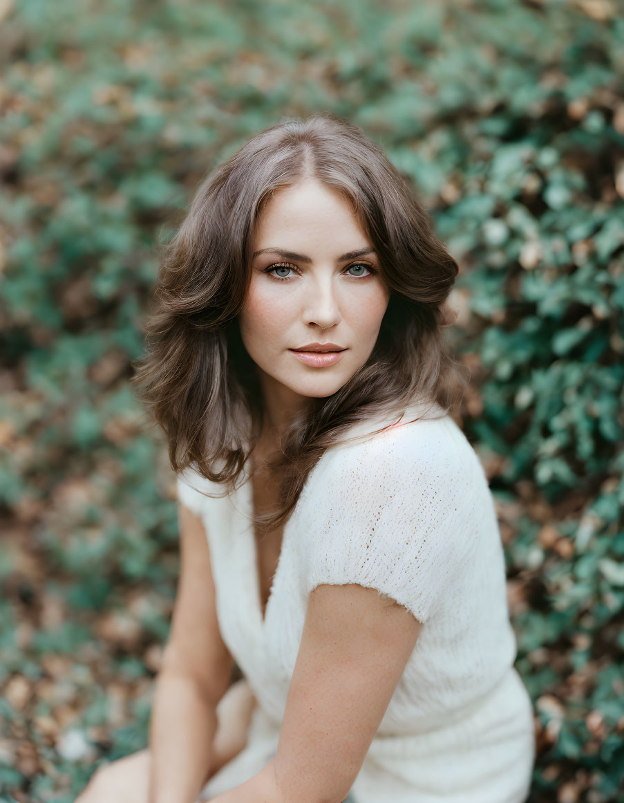 Woman with wavy hair in white dress sitting in front of leafy backdrop