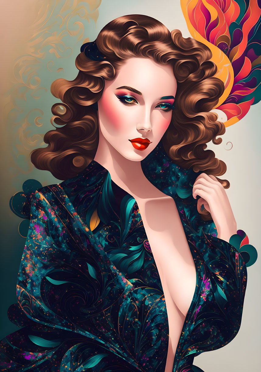 Vibrant art deco style illustration of woman with curly hair and red lipstick