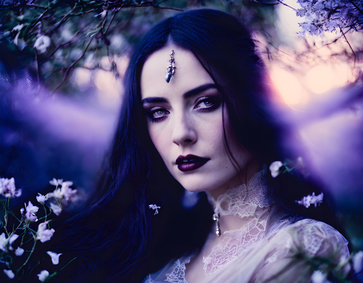 Dark-haired woman in lace attire with headpiece among purple flowers