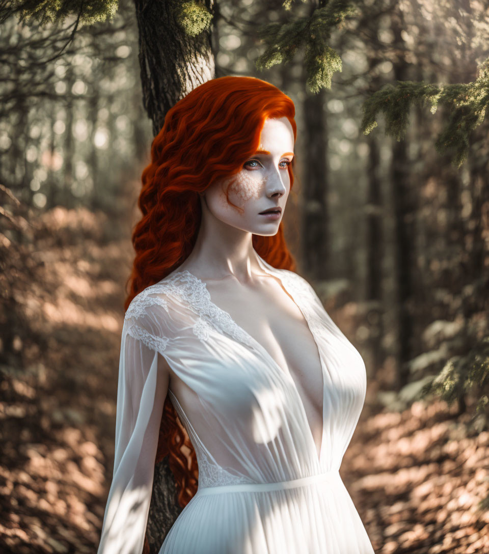 Vibrant red-haired woman in white dress in sunlit forest