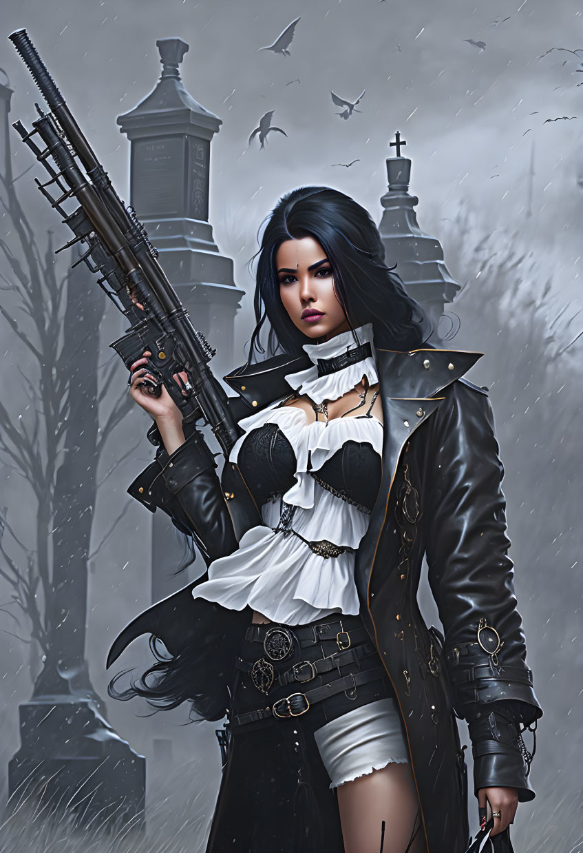 Dark-haired woman in gothic attire with rifle in foggy cemetery.