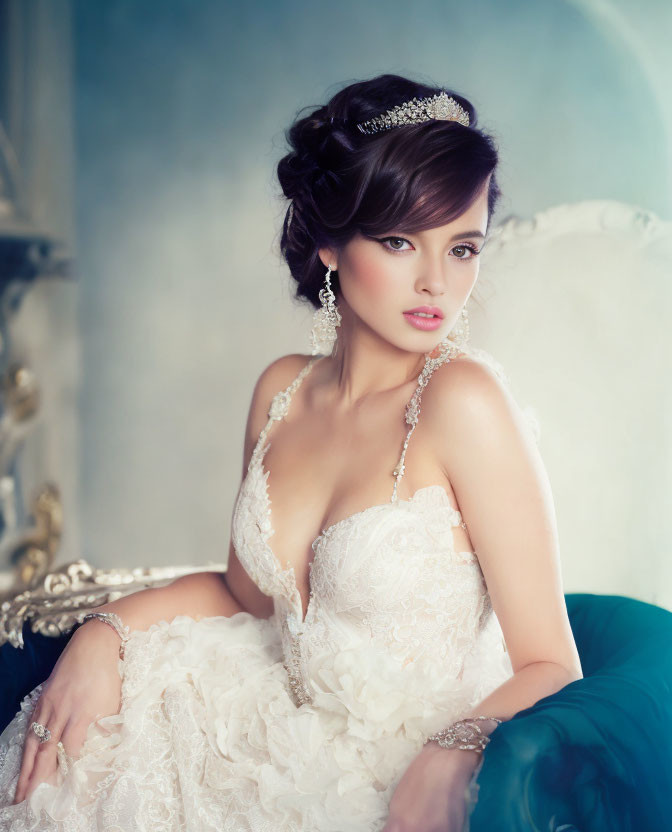 Elegant Bride in White Lace Gown and Tiara on Vintage Green Sofa