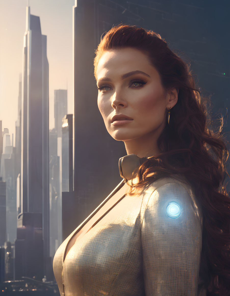 Red-haired woman in futuristic attire with glowing blue neck device in front of sunlit cityscape.