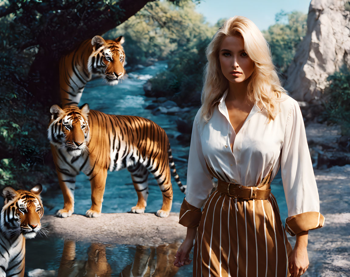 Blonde woman in white blouse with tigers by creek in forest