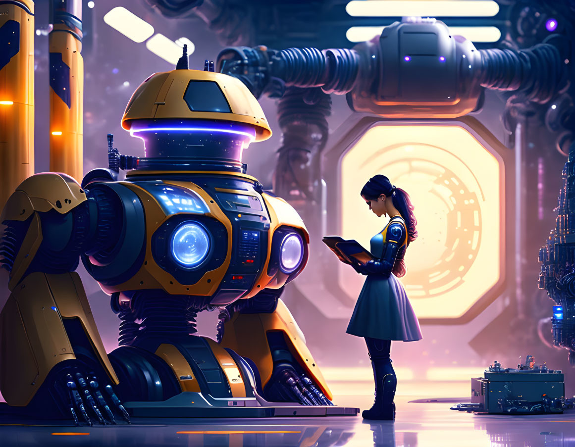 Girl with tablet next to large robot in futuristic corridor