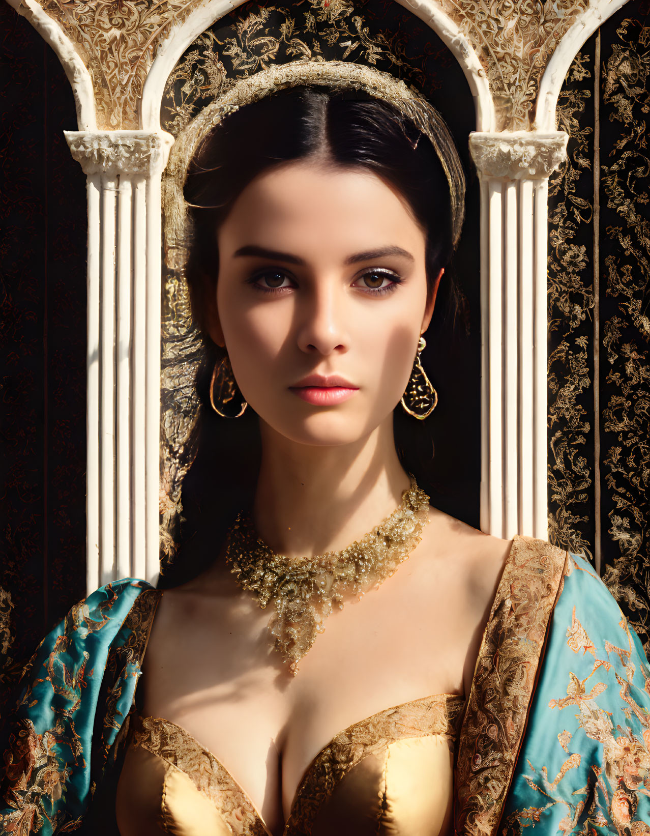 Historical woman in golden headpiece and jewelry between ornate pillars.