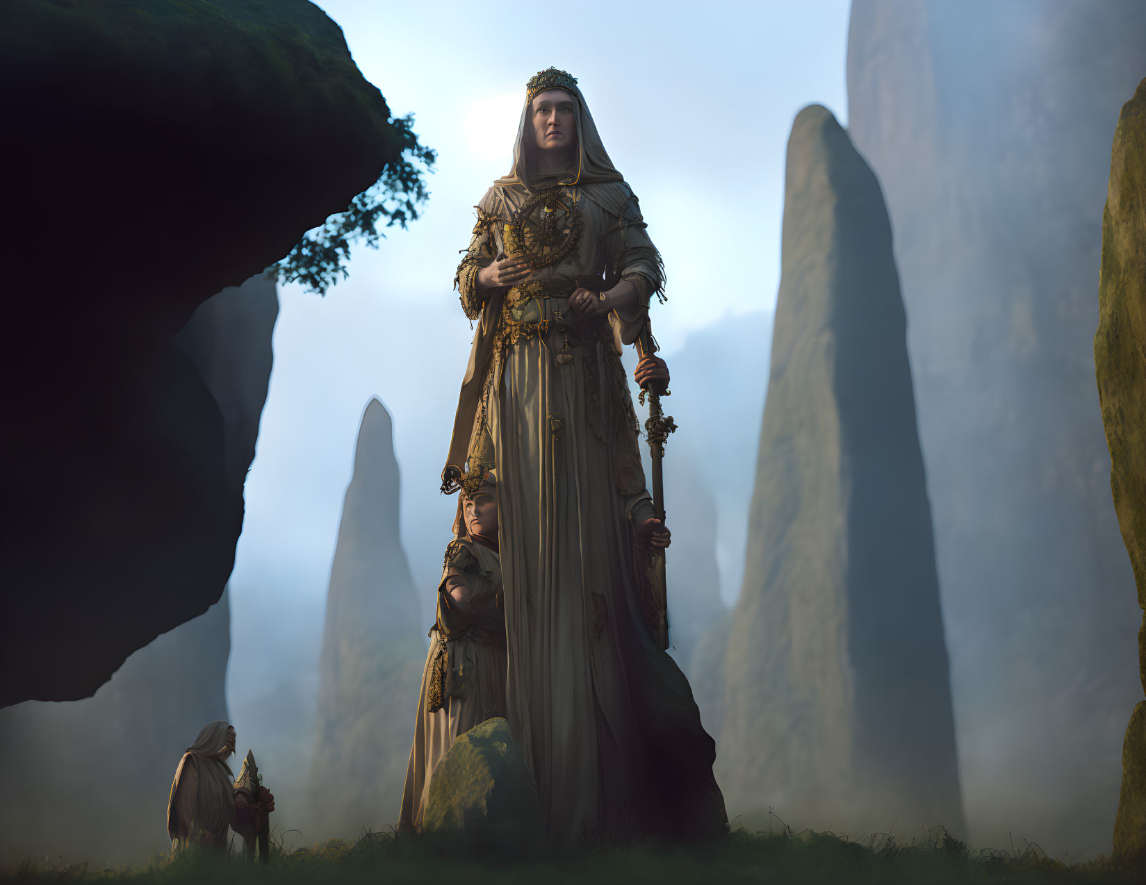 Regal figure in ornate robes with scepter in misty landscape.