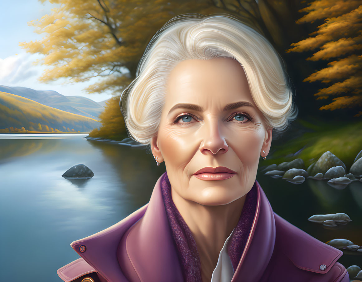 Elderly woman with white hair and blue eyes in purple coat by autumnal lake