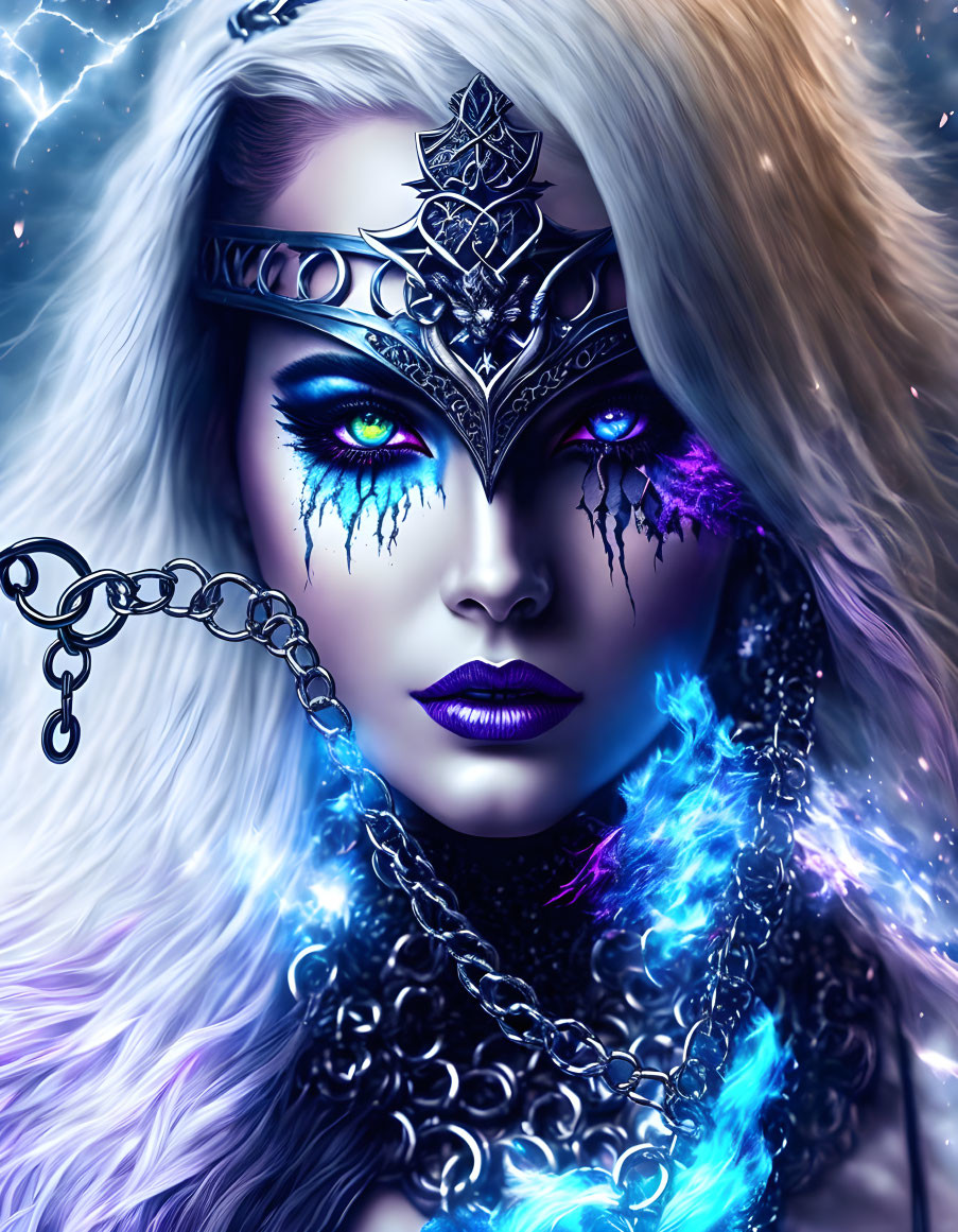 Fantasy Artwork: Woman with Glowing Blue Eyes and Silver Tiara