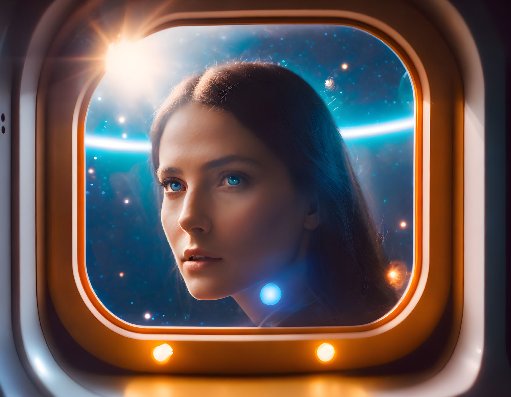 Woman gazes from spaceship window at cosmic stars and nebulae