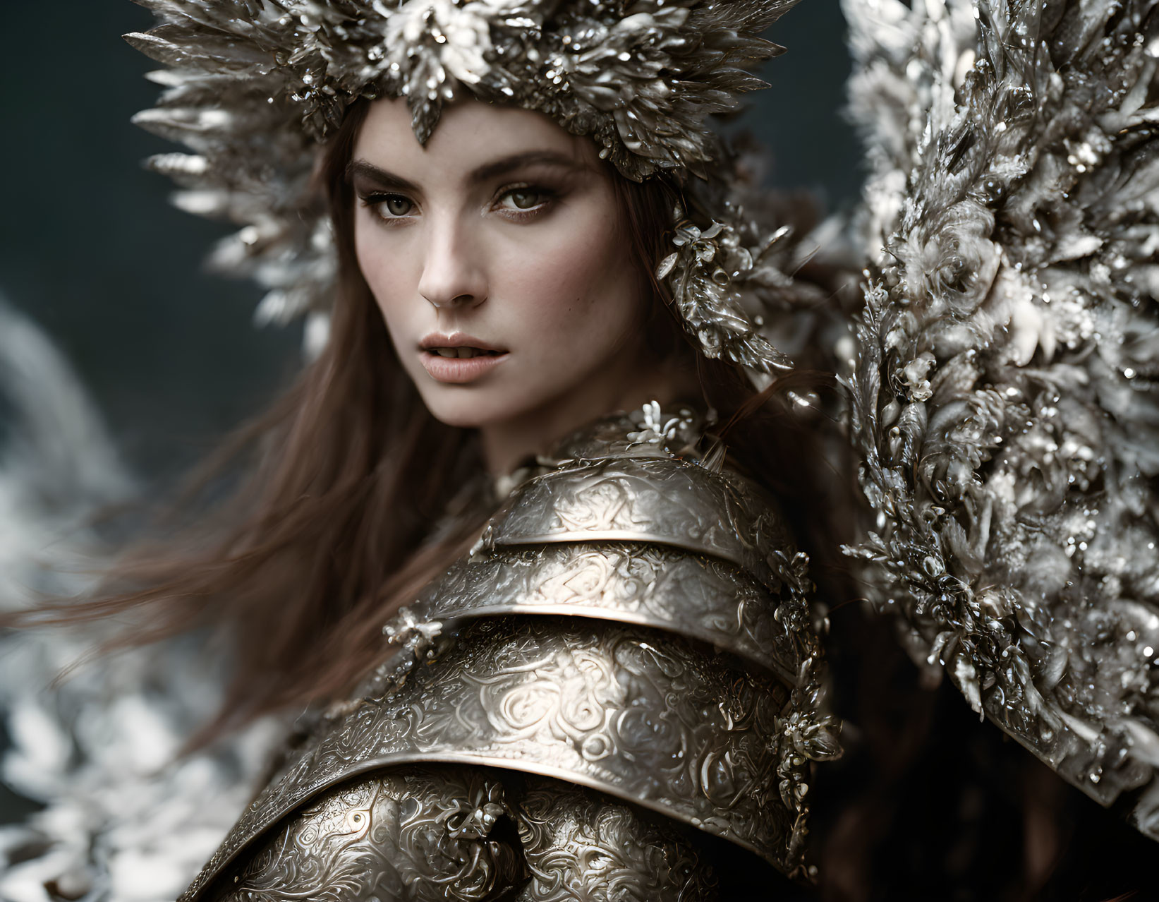 Fantasy warrior woman in ornate metallic armor and headdress on dark background