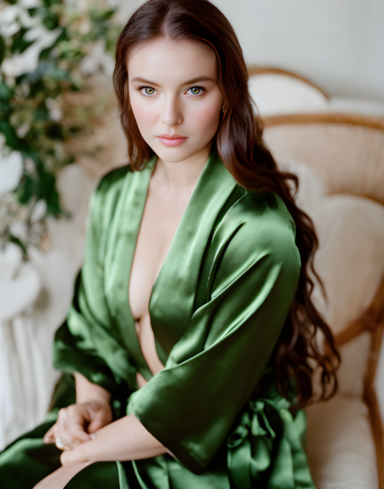 Brown-haired woman in green silk robe sitting on elegant chair