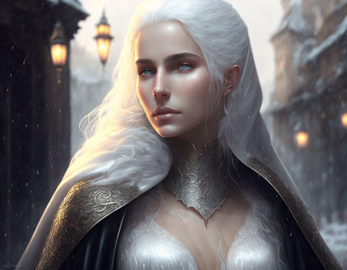 Digital artwork: Pale-skinned woman in white hair and blue eyes, dark cloak, silver armor,