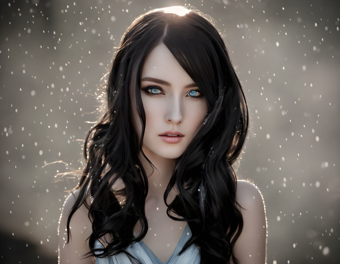 Portrait of woman with deep blue eyes and wavy black hair in snowfall.