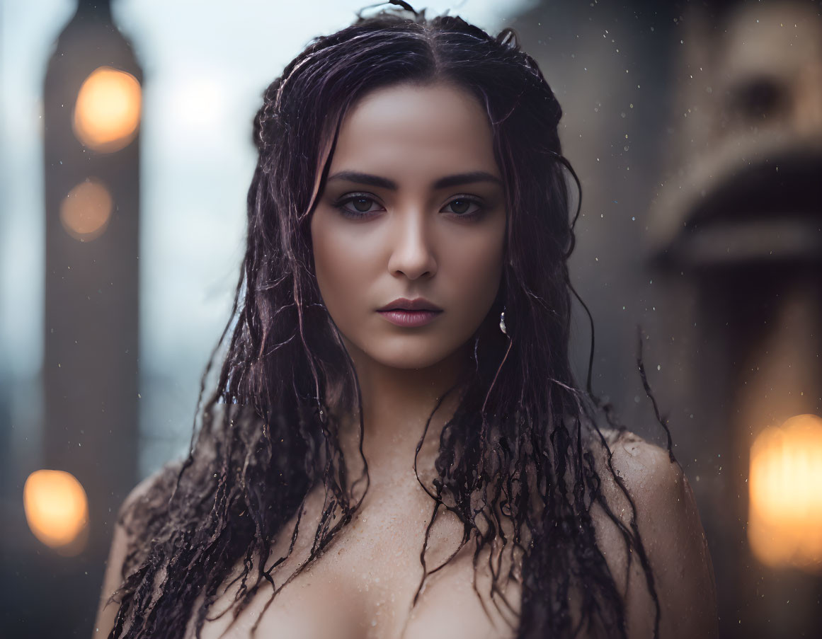 Contemplative woman with wet hair in soft lighting and raindrops