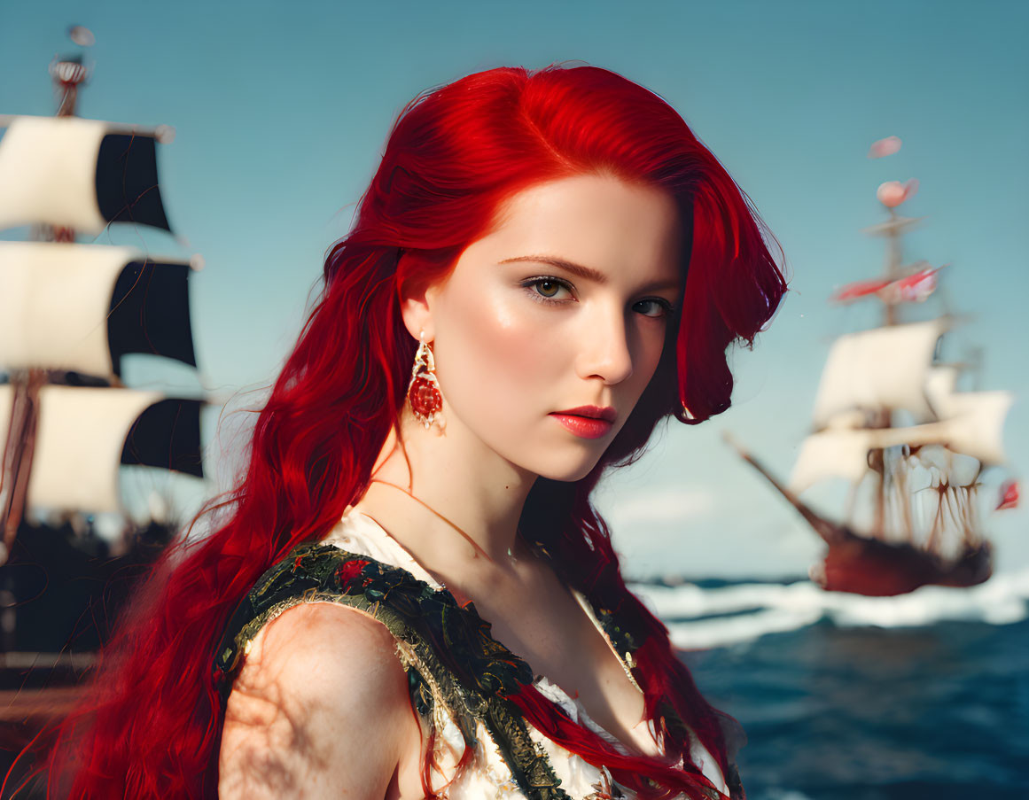 Red-haired woman gazing with sailing ships in background