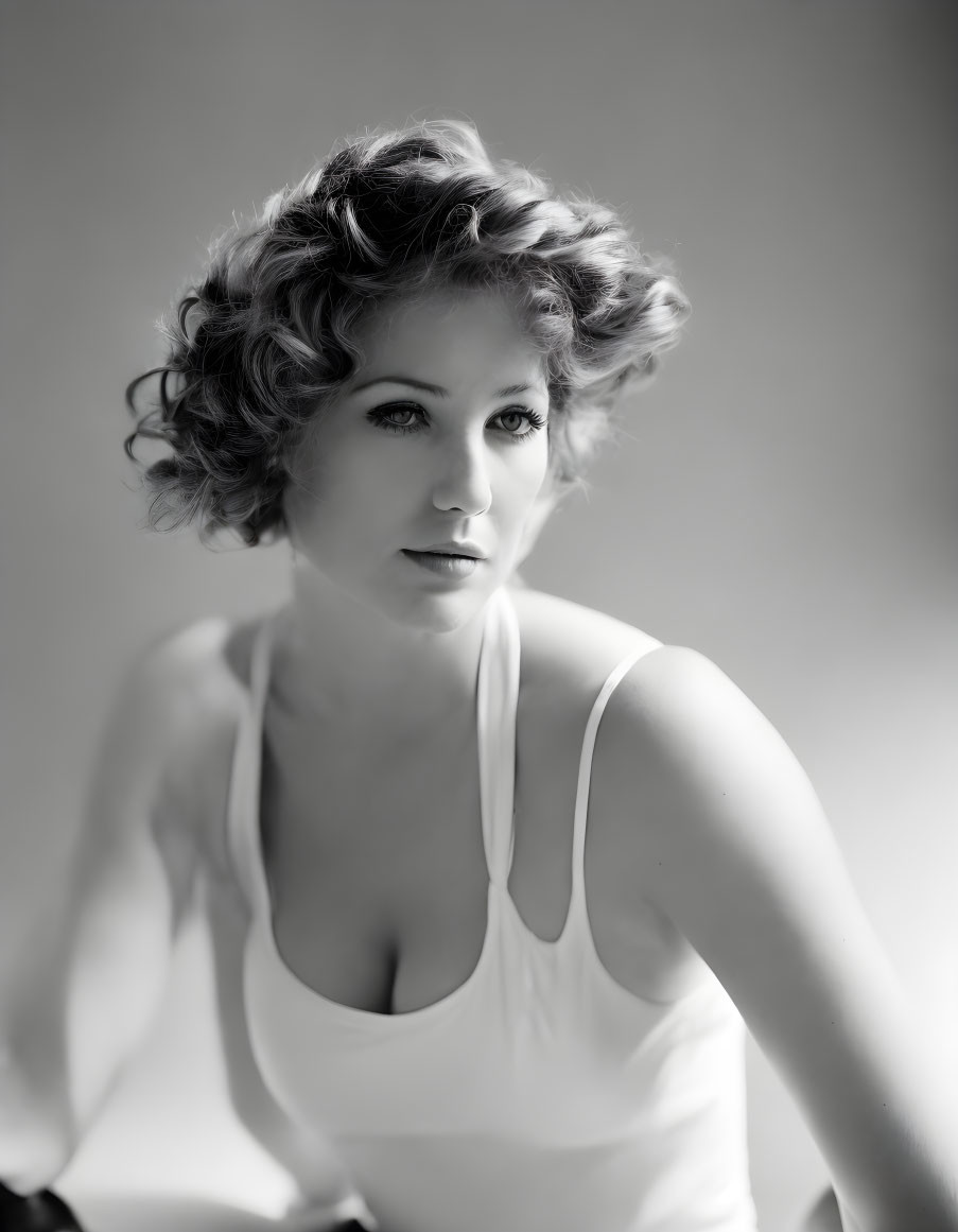 Monochrome portrait of woman with curly hair in soft lighting