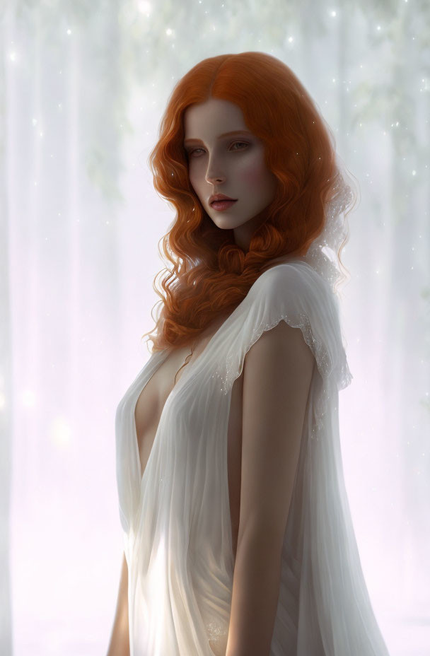 Red-haired woman in white gown standing in ethereal forest setting