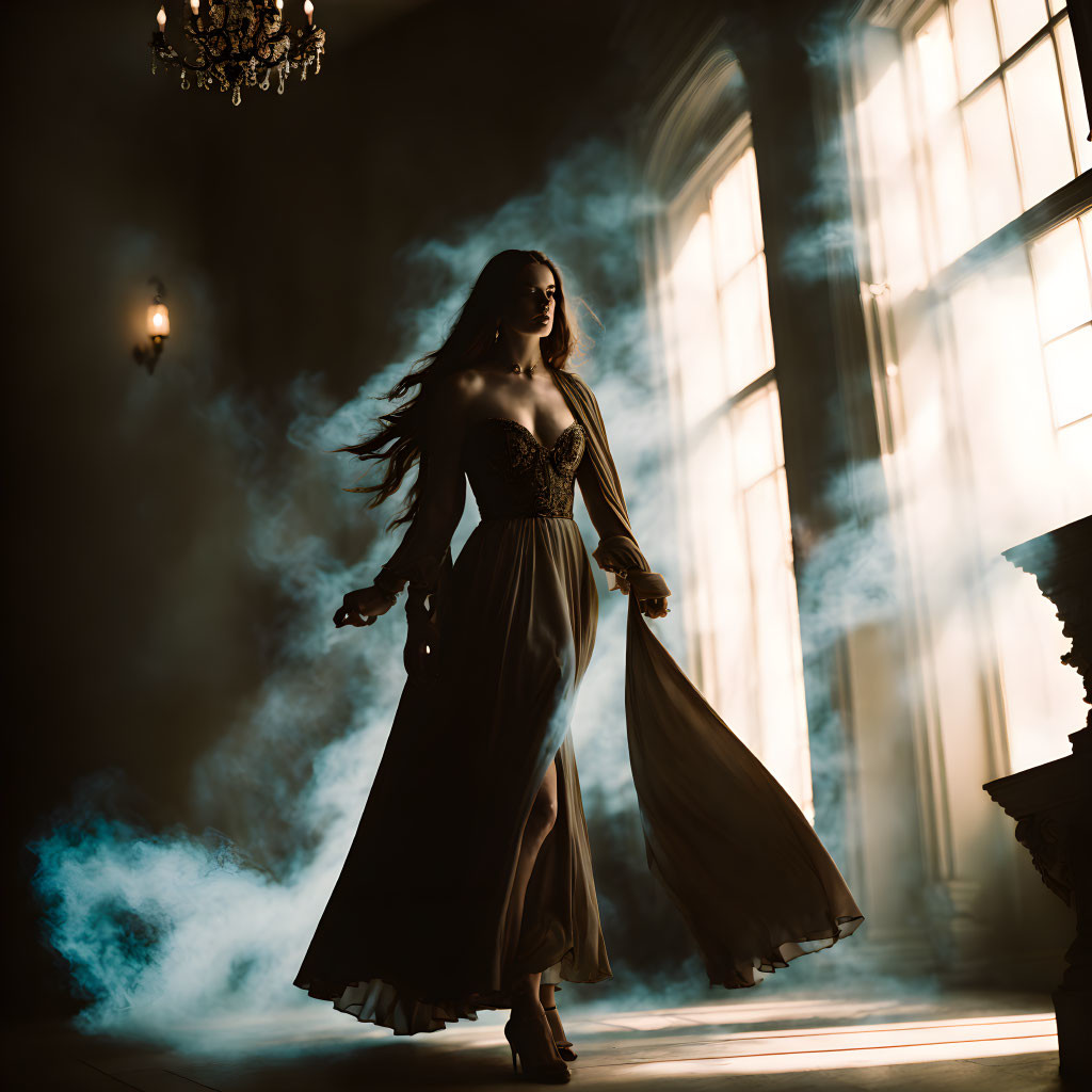 Woman in elegant dress walking in dramatic, dimly lit room with sunlight and smoke.