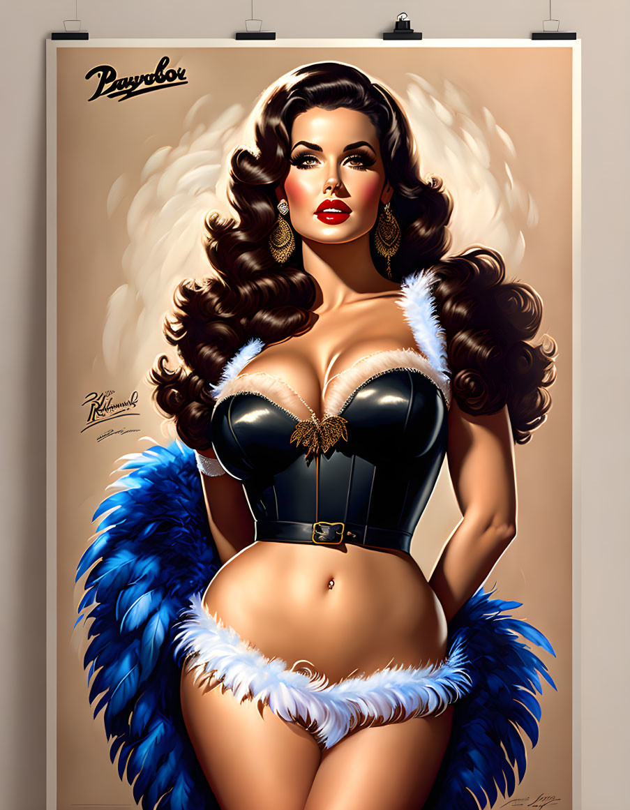 Illustrated poster featuring woman with voluminous hair, red lipstick, black corset, golden buckle,