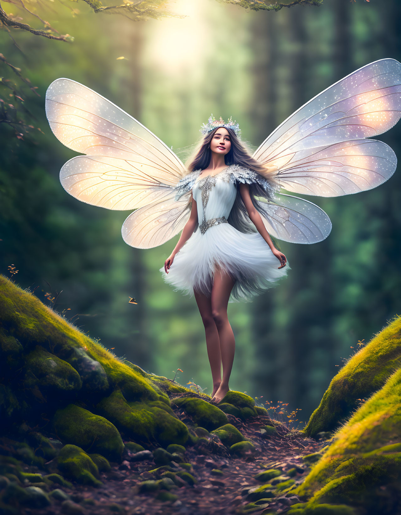 Fantasy woman in fairy costume with translucent wings in magical forest