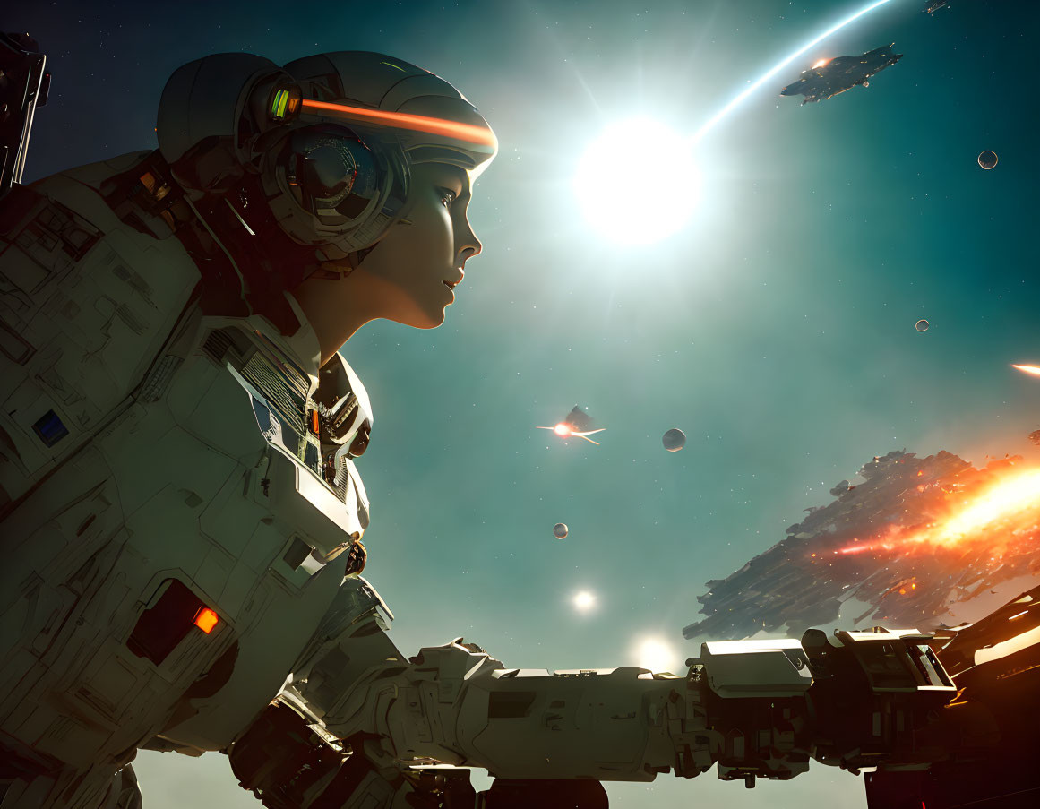 Detailed futuristic astronaut in spacesuit gazes at bright sun amidst cosmic battle