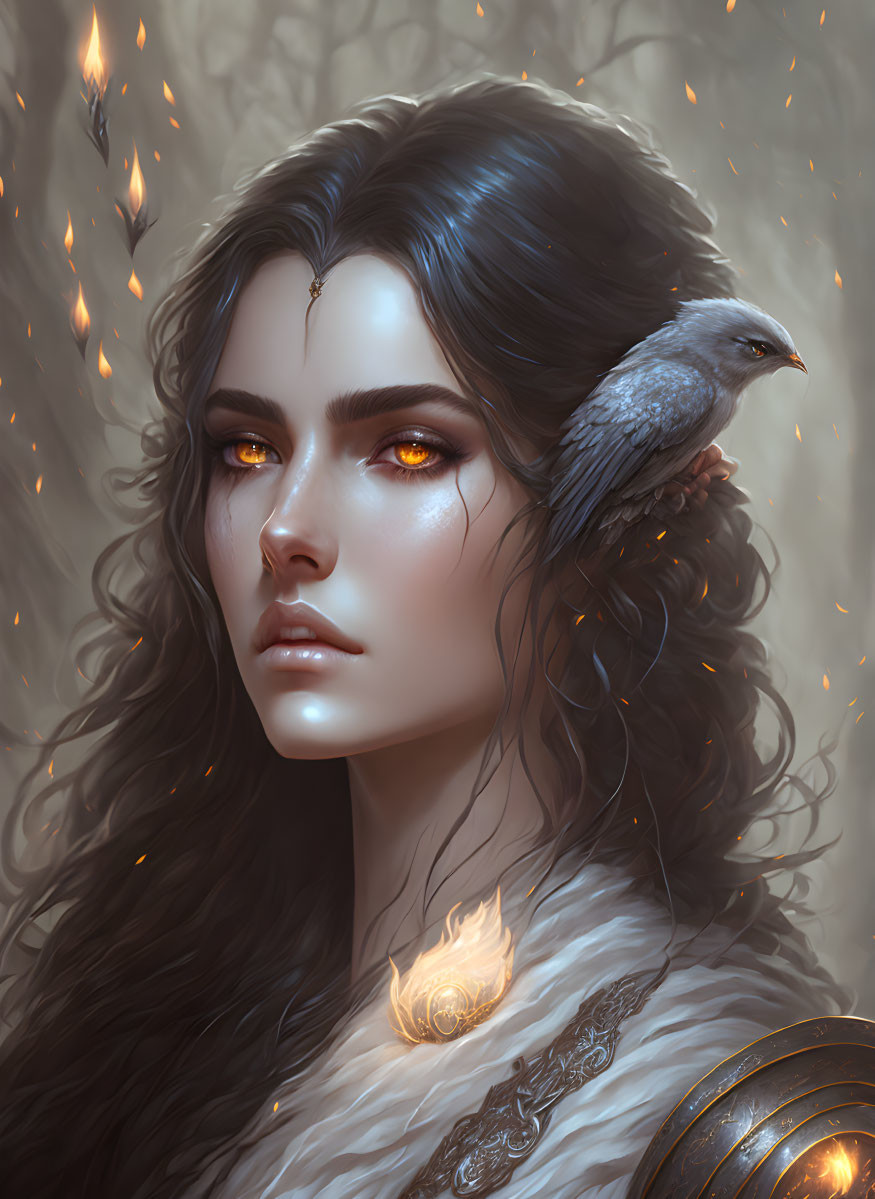 Fantasy portrait of woman with glowing eyes, bird on shoulder, amidst floating embers, and fur