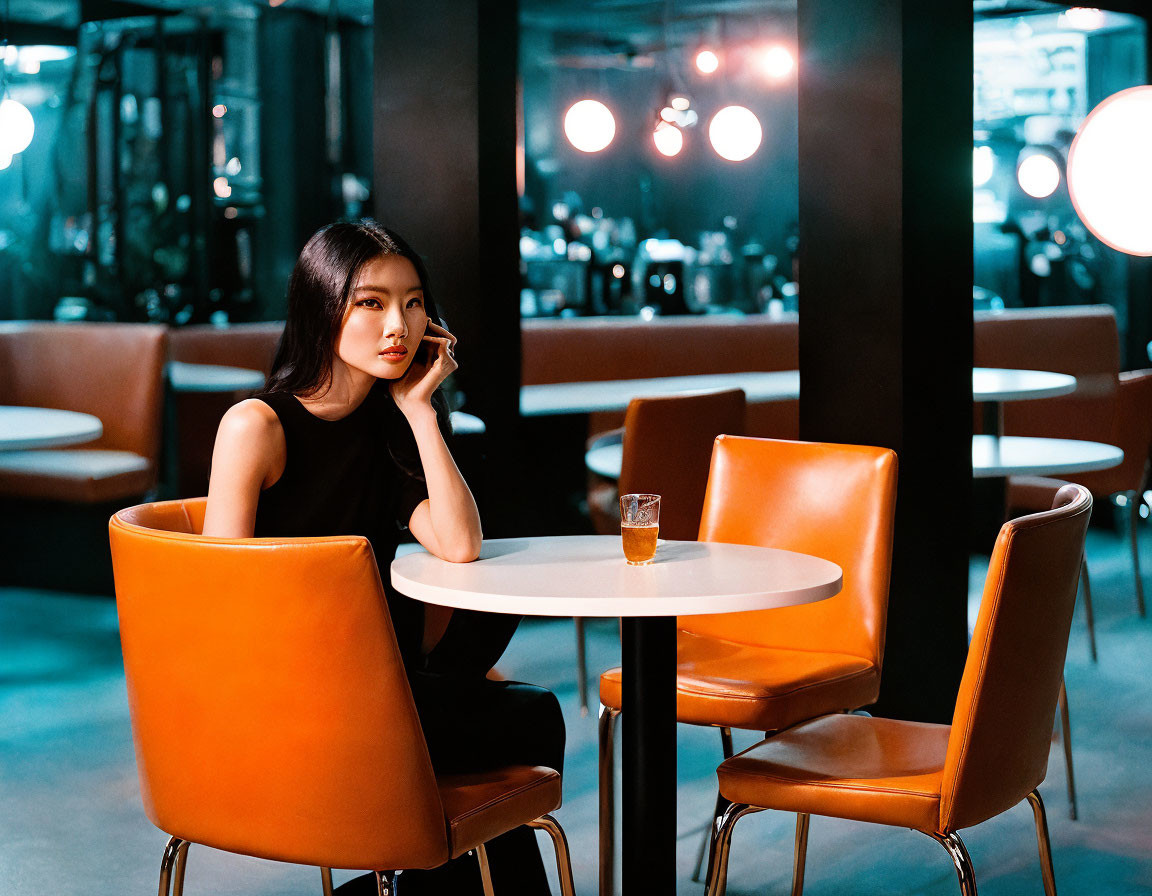 Woman sitting at café table with drink in modern ambiance