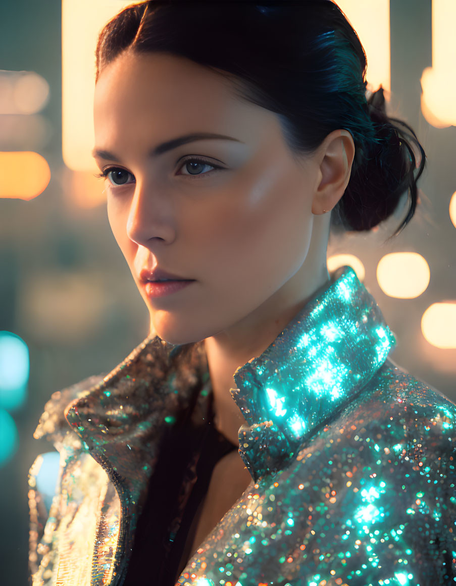 Pensive woman in glittery outfit with illuminated collar, soft focus warm lights.