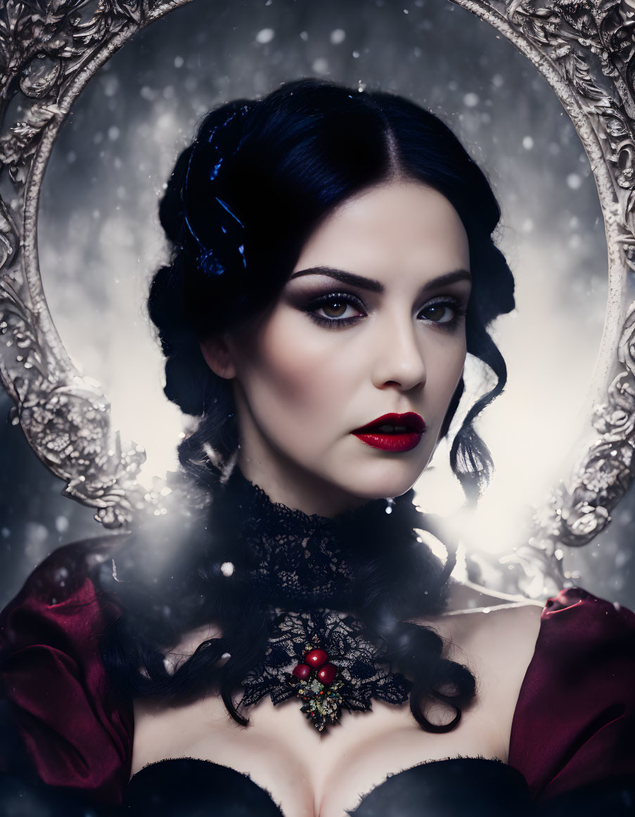 Portrait of woman with pale skin, dark hair, red lipstick, in dark dress with blue accent,