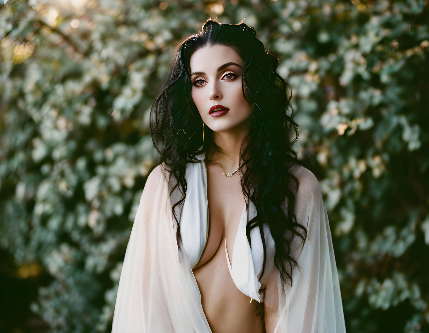 Dark-haired woman in white draped garment against green foliage