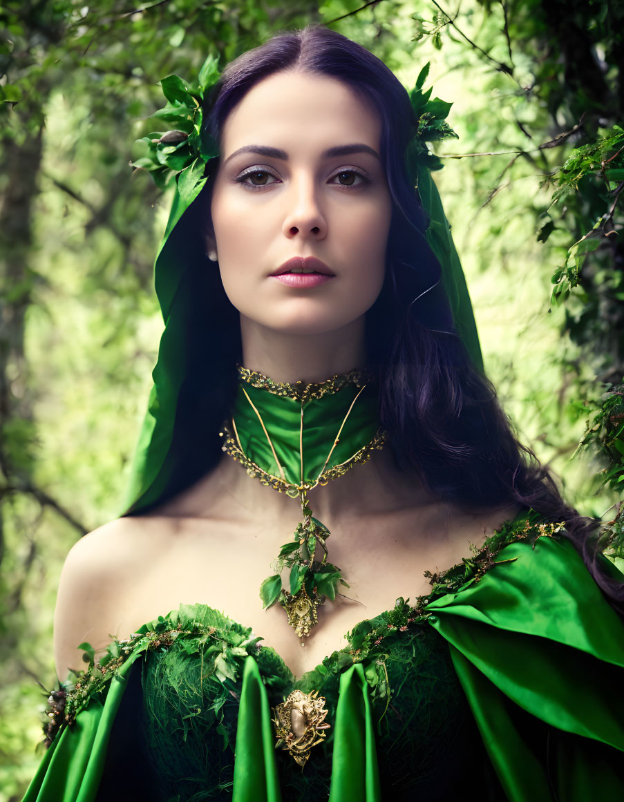 Woman in green nature-themed outfit against forest backdrop