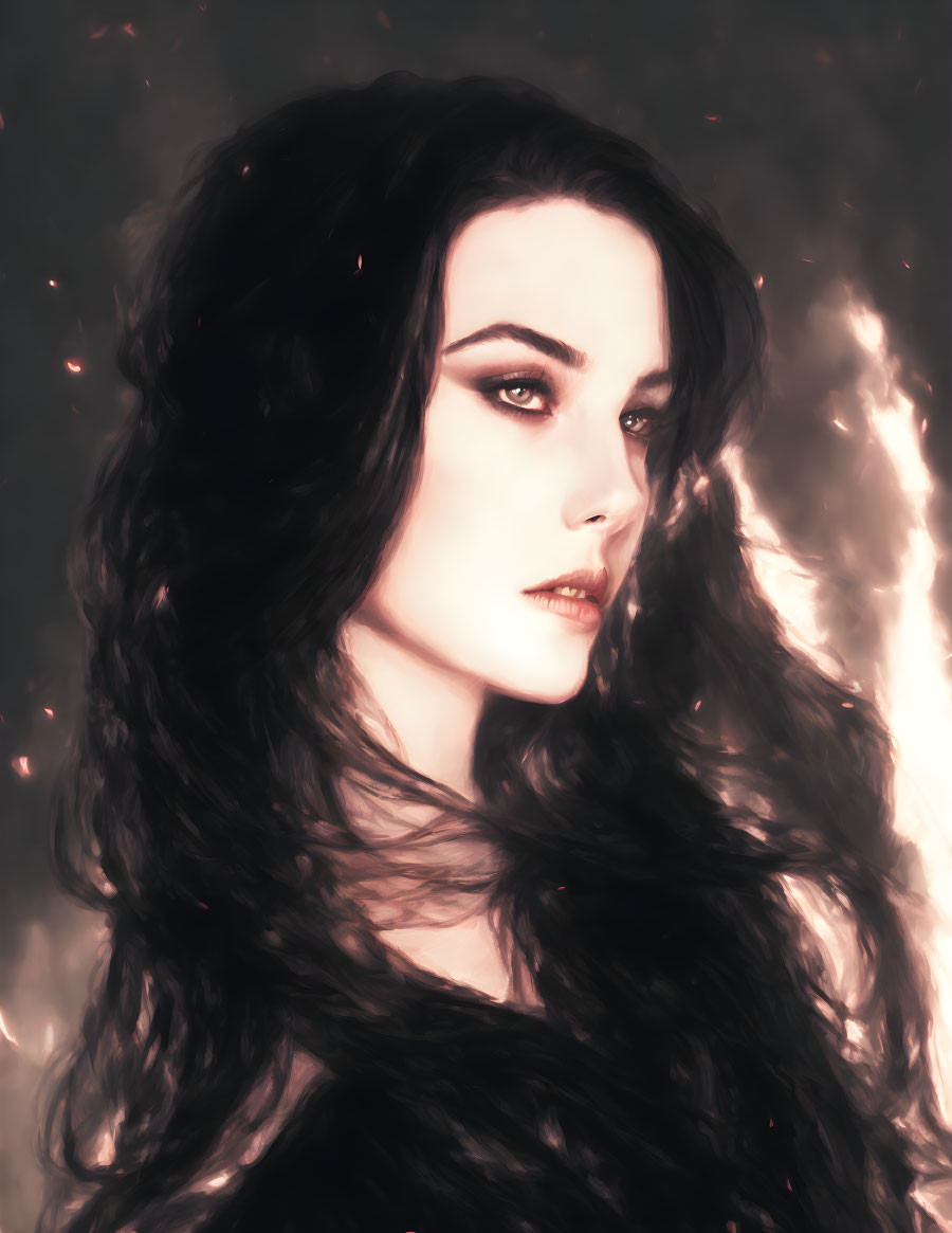 Digital portrait of woman with long wavy hair and piercing eyes on fiery background.