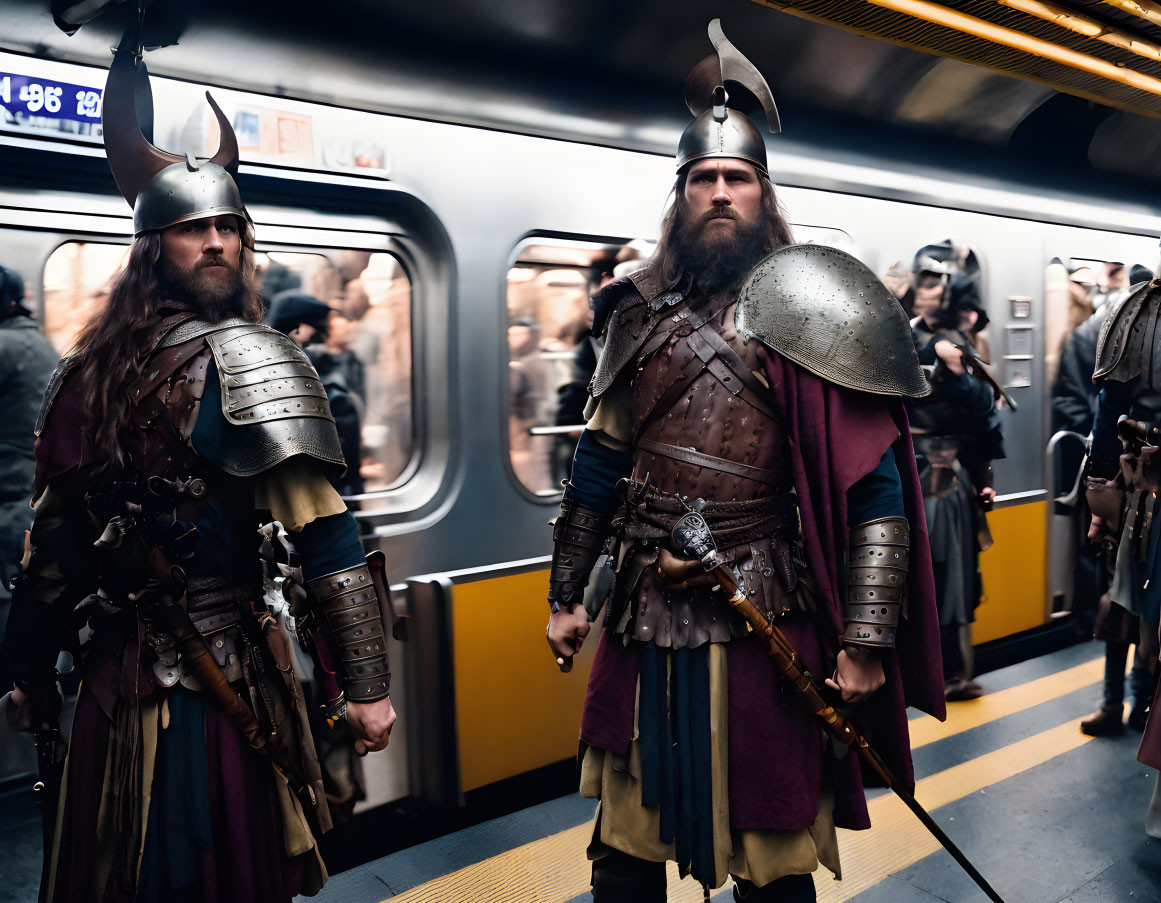 Viking warrior costumes in modern subway station