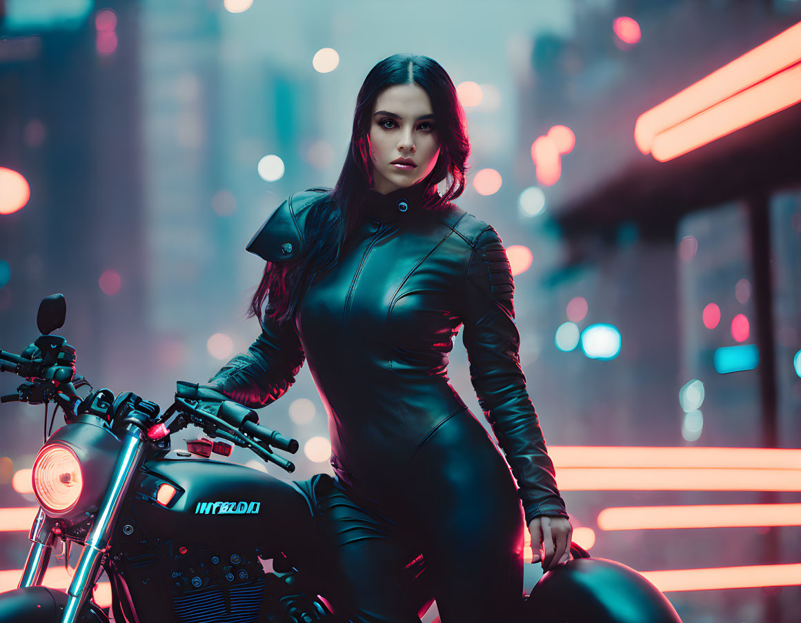 Woman in black outfit on motorcycle with neon city lights in futuristic setting