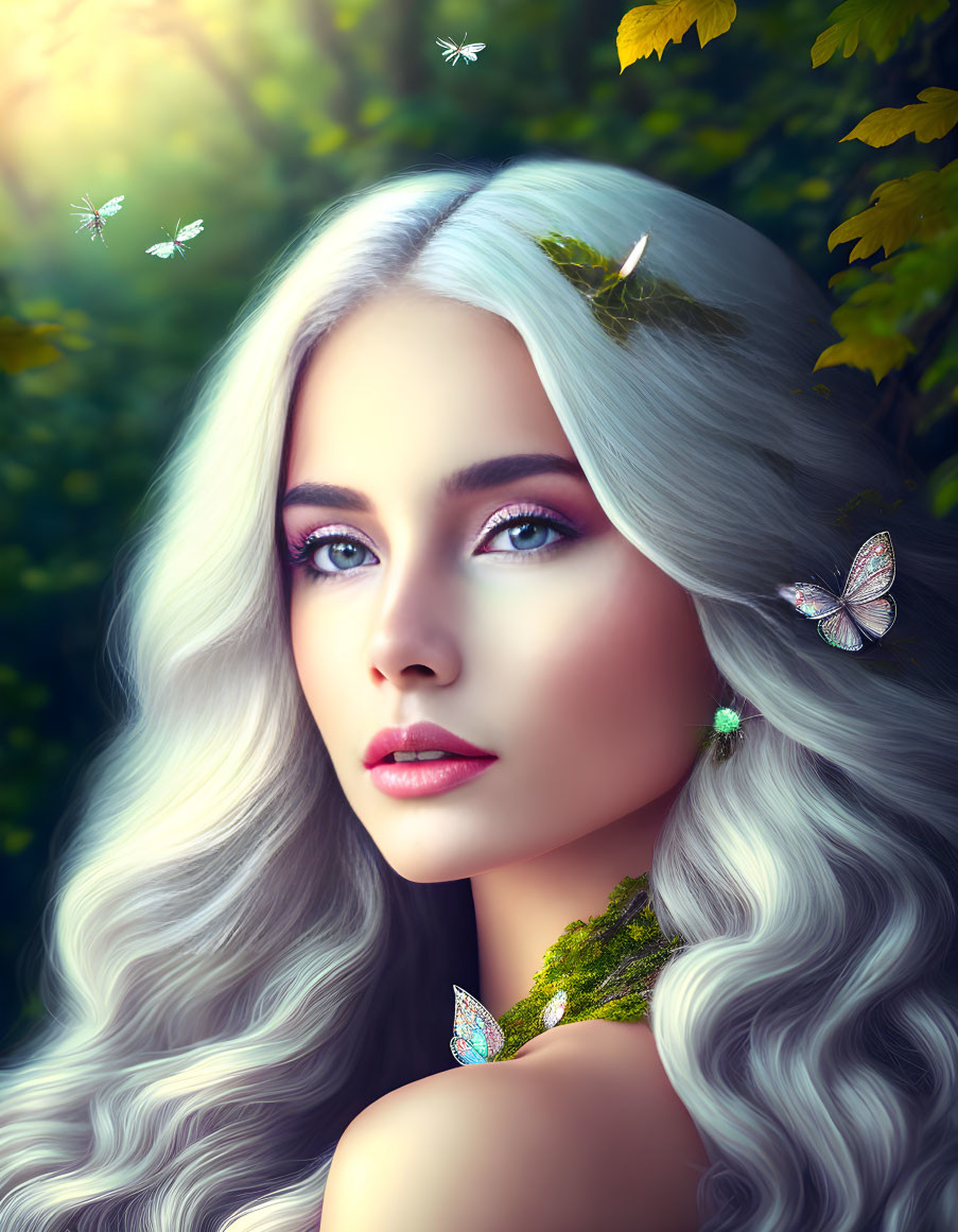 Digital artwork: Woman with silver hair, vibrant eyes, butterflies, and foliage