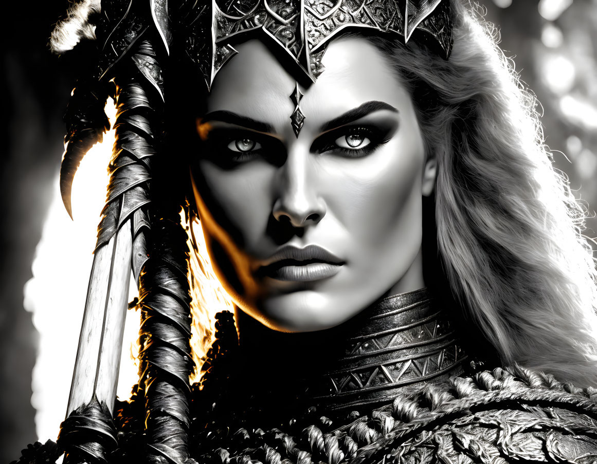 Monochrome artistic depiction of regal woman in armor with sword