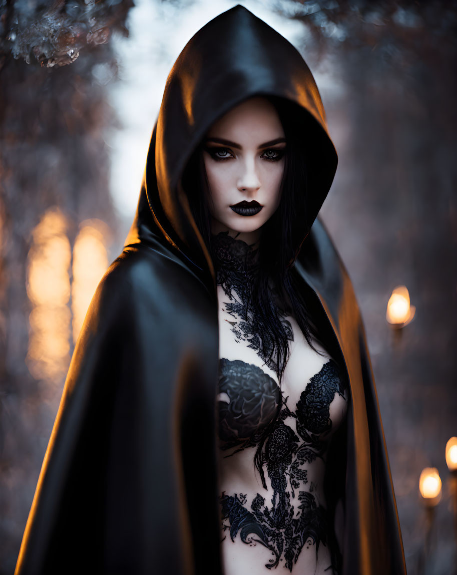 Dark makeup woman in hooded cloak against forest backdrop with warm lights