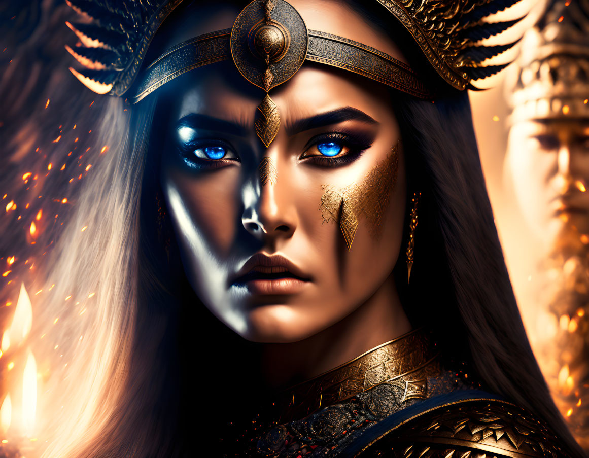 Digital artwork: Woman in golden armor with blue eyes and fiery glows