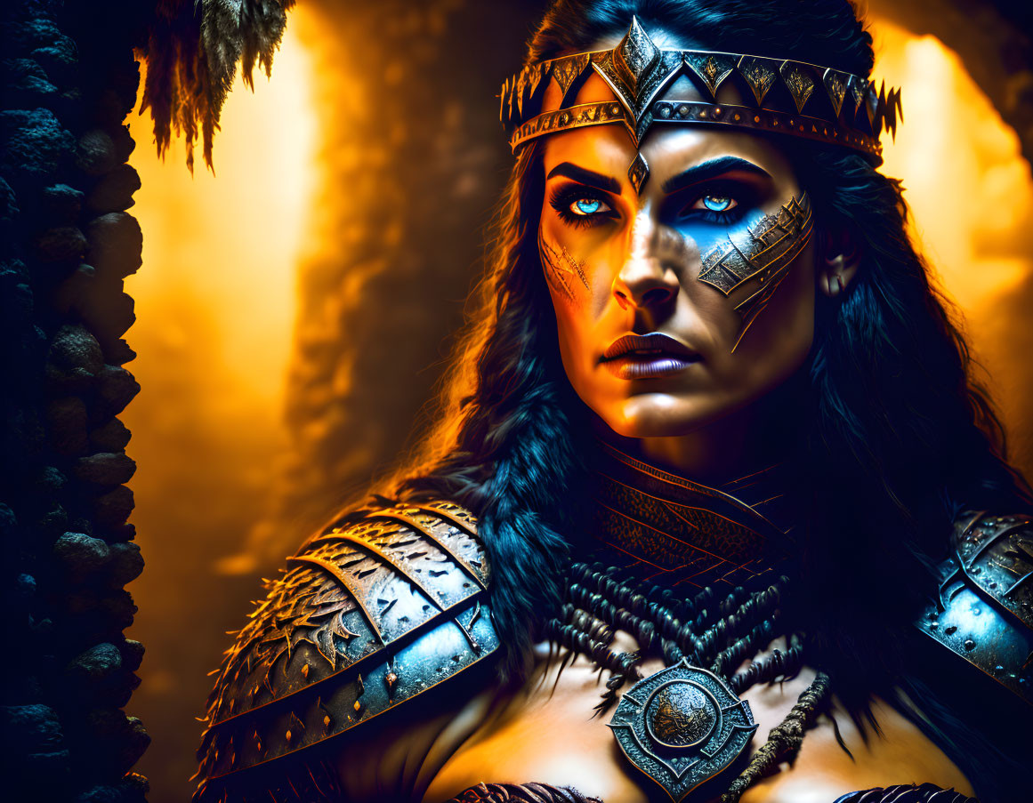 Warrior woman with blue face paint in ornate armor against fiery backdrop