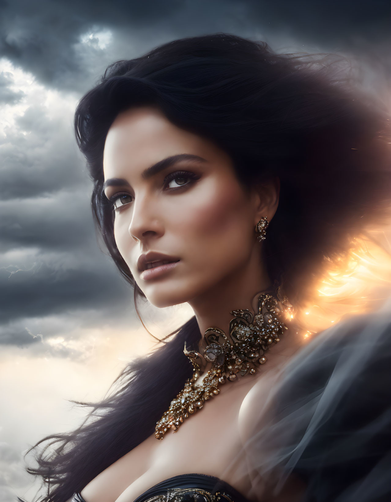 Dark-haired woman adorned with gold jewelry under dramatic sky.