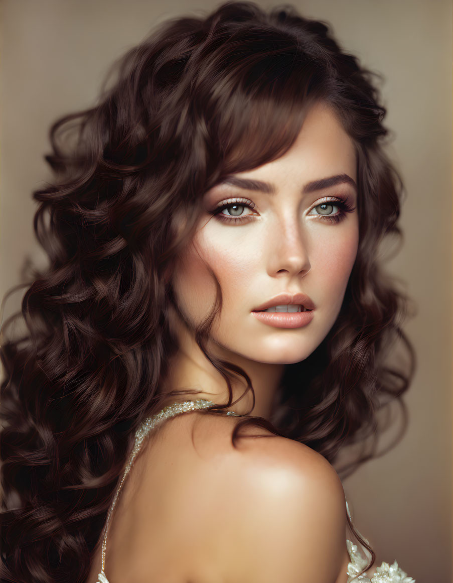 Portrait of Woman with Voluminous Curly Brown Hair and Green Eyes