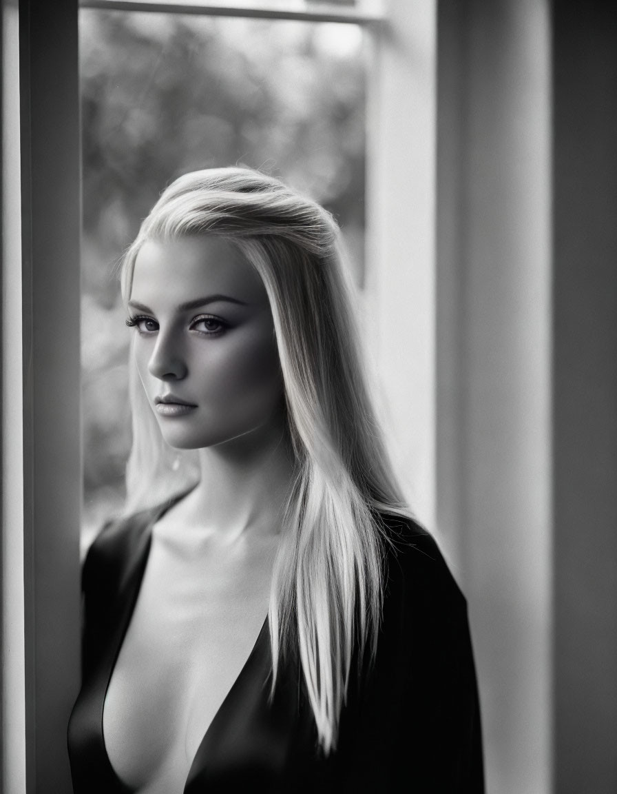 Blonde Woman Portrait Gazing Through Window