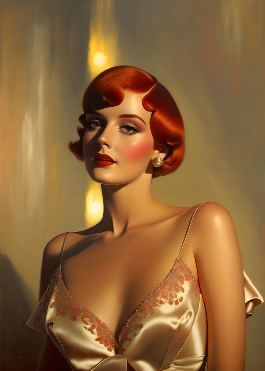 Portrait of woman with short red hair, pearl earrings, satin dress, against soft-lit backdrop.