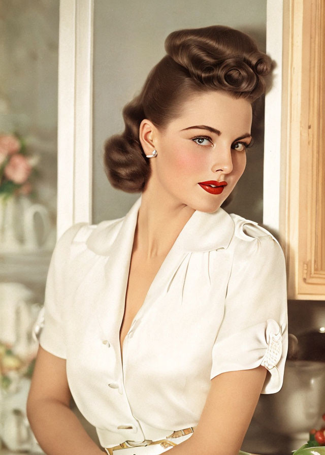 Vintage Portrait: Woman in 1940s Hair & Makeup, White Blouse, Soft Gaze