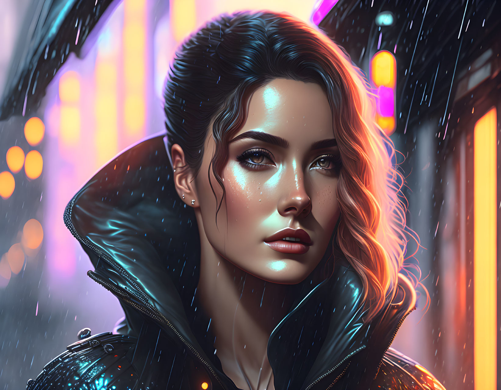 Illustrated portrait of a woman with striking features in neon-lit rain