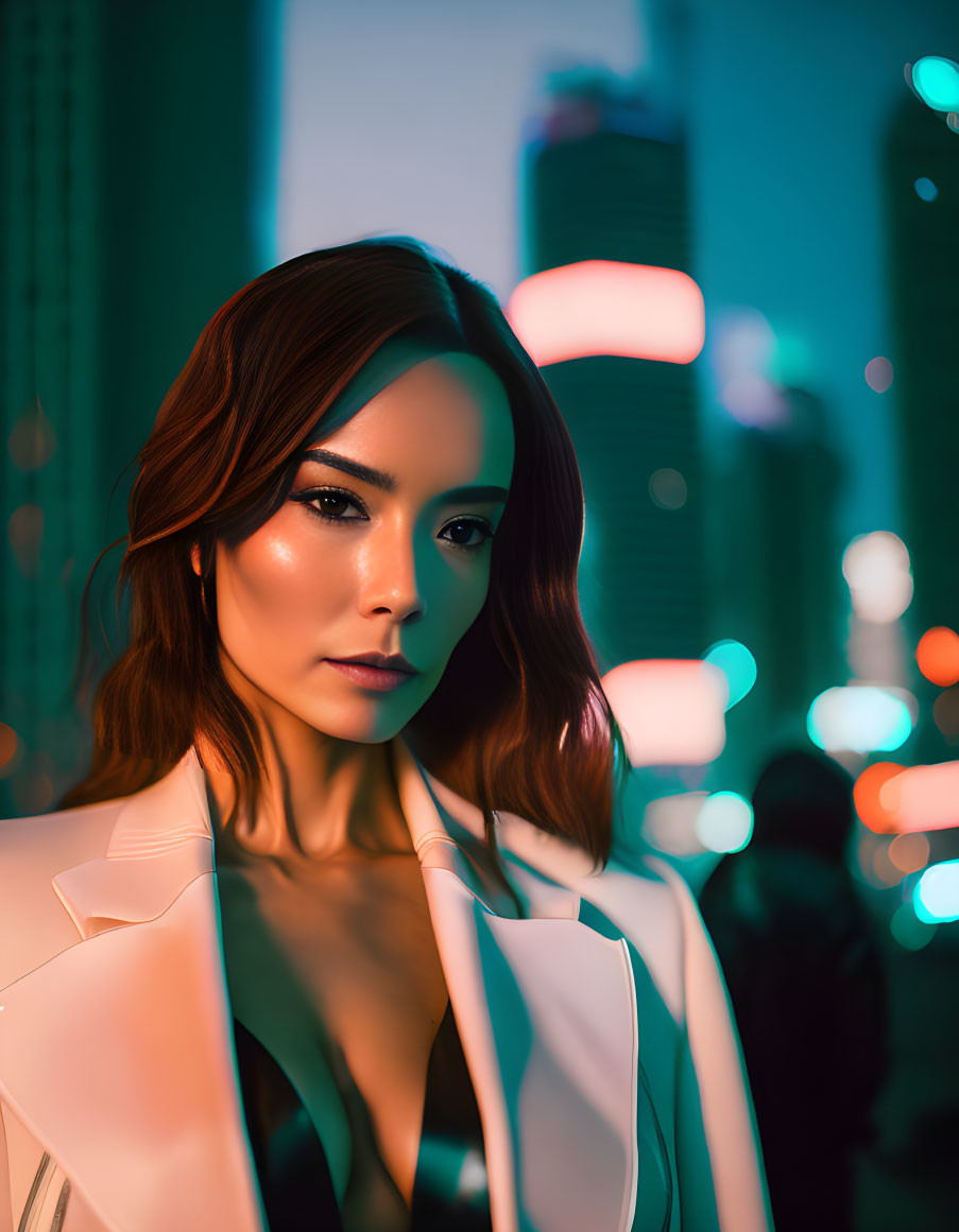 Sharp Gaze Woman in White Blazer Against Neon Cityscape