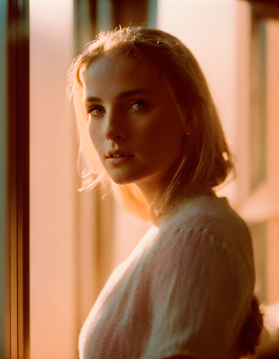 Woman in white sweater under soft sunlight by window