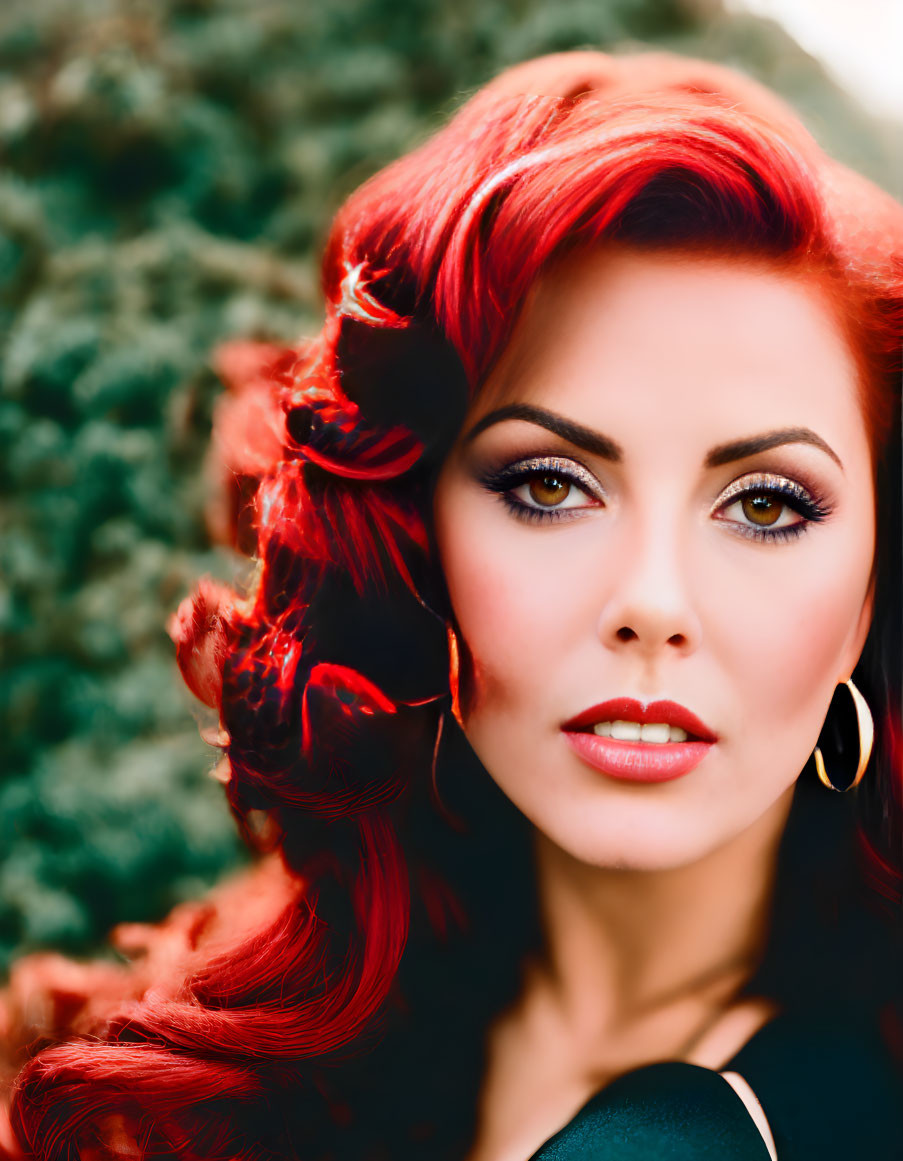 Vibrant red-haired woman with piercing brown eyes and striking makeup against green background