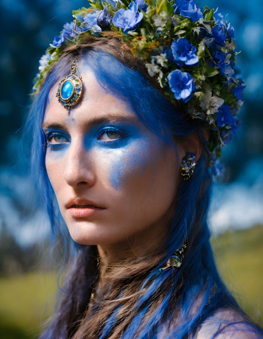 Person with Blue-Themed Makeup and Flower Hair in Fantasy Style